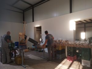 Δύο άνδρες εργάζονται σε αποθήκη για τη διαλογή και συσκευασία ξηρών καρπών σε διχτυωτά σακουλάκια.